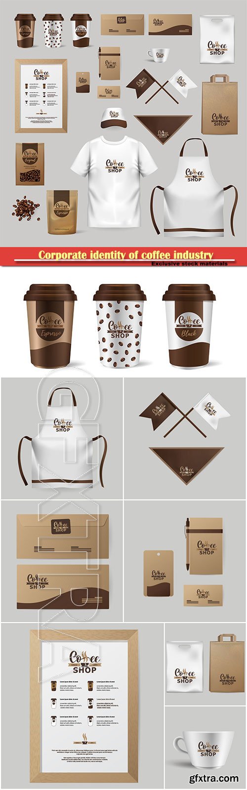 Corporate identity of coffee industry, realistic branding mock up template for cafe, coffee shop