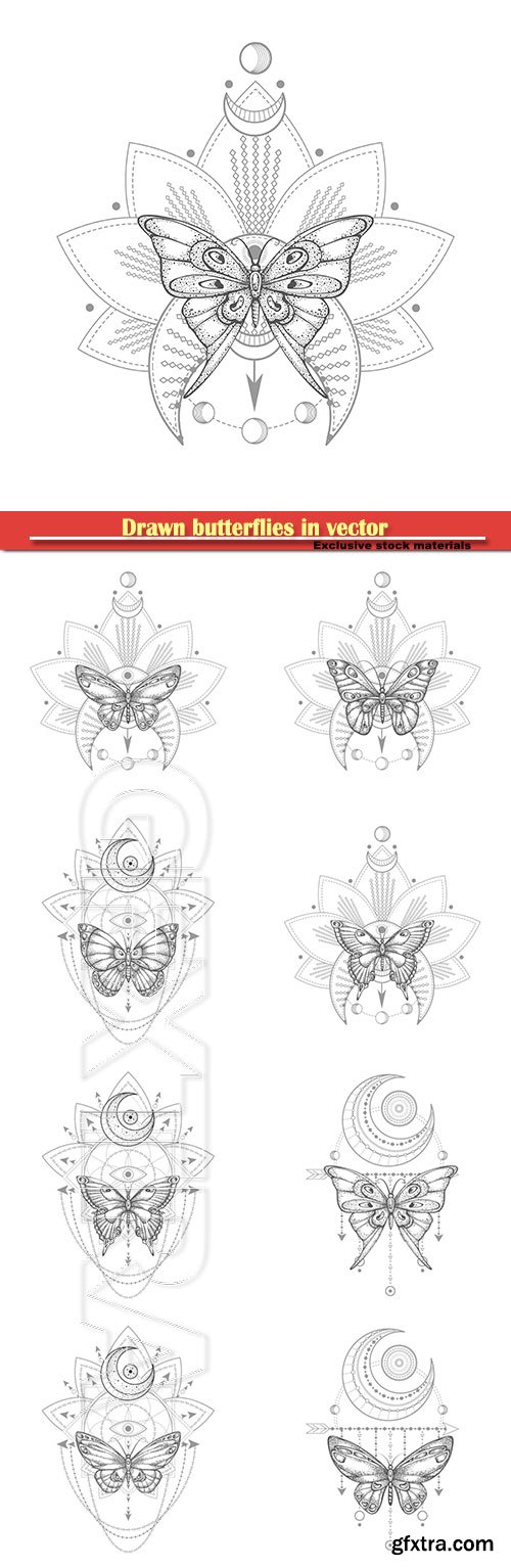 Drawn butterflies in vector, tattoo design