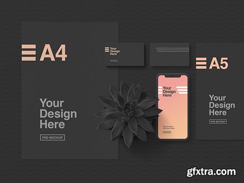 Dark Stationery and Smartphone Mockup 250287026