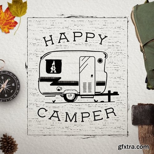 Happy Camper Logo Retro Travel RV Camping Badge