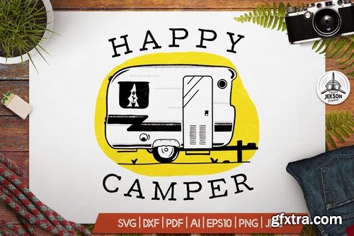 Happy Camper Logo Retro Travel RV Camping Badge