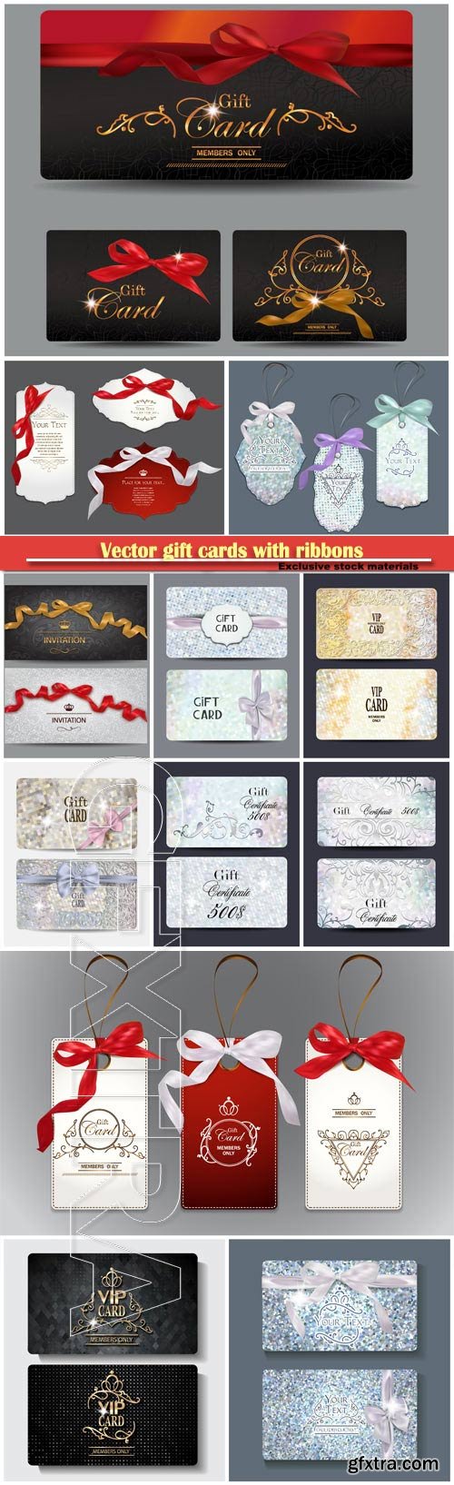 Vector gift cards with ribbons