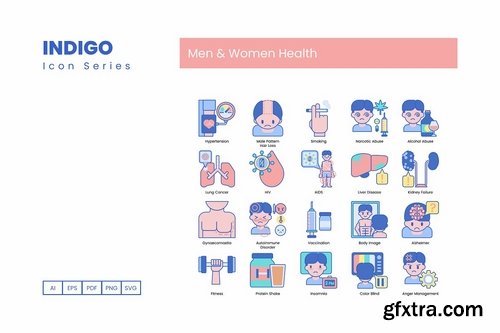 100 Men & Women Health Icons Indigo Series