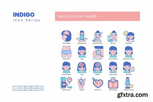 100 Men & Women Health Icons Indigo Series