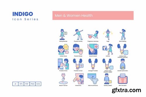 100 Men & Women Health Icons Indigo Series