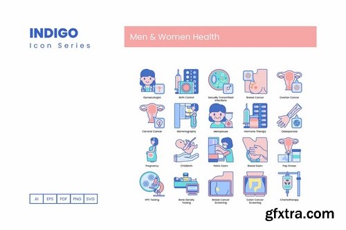 100 Men & Women Health Icons Indigo Series