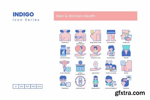 100 Men & Women Health Icons Indigo Series