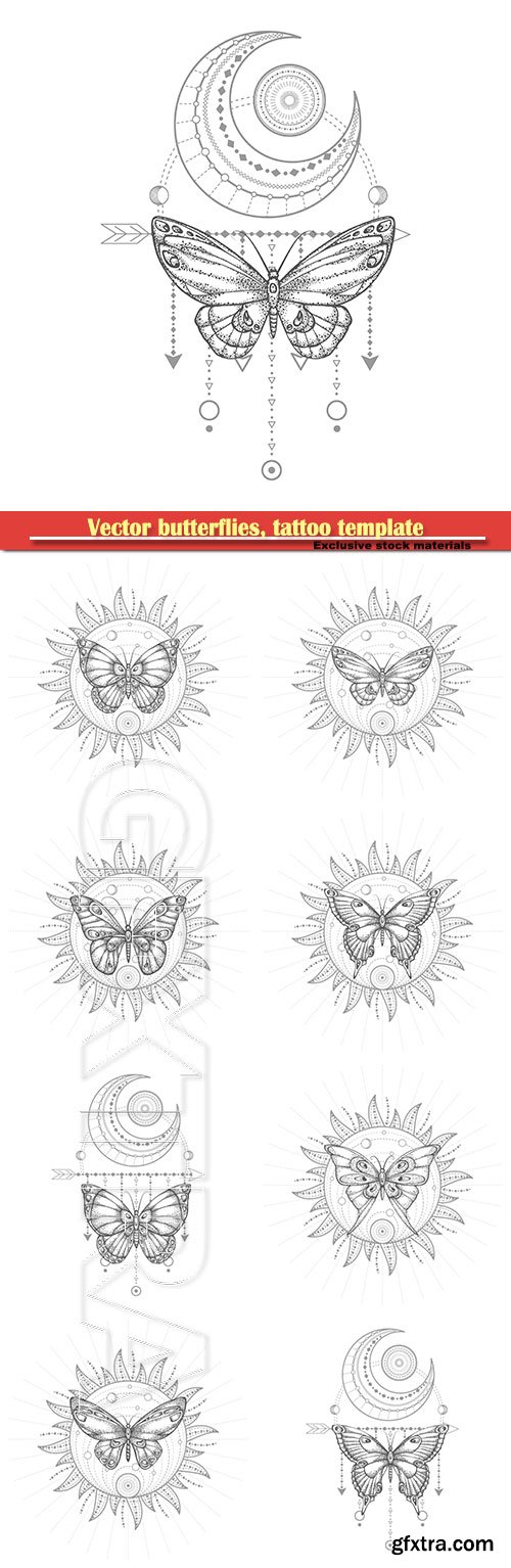 Vector butterflies, tattoo template