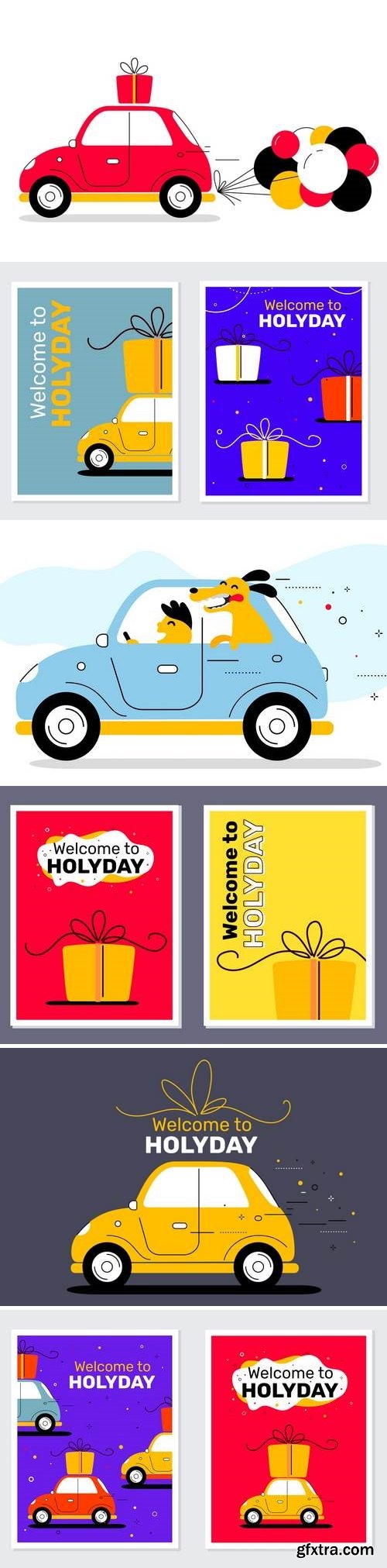 Vector collection with vintage holiday car