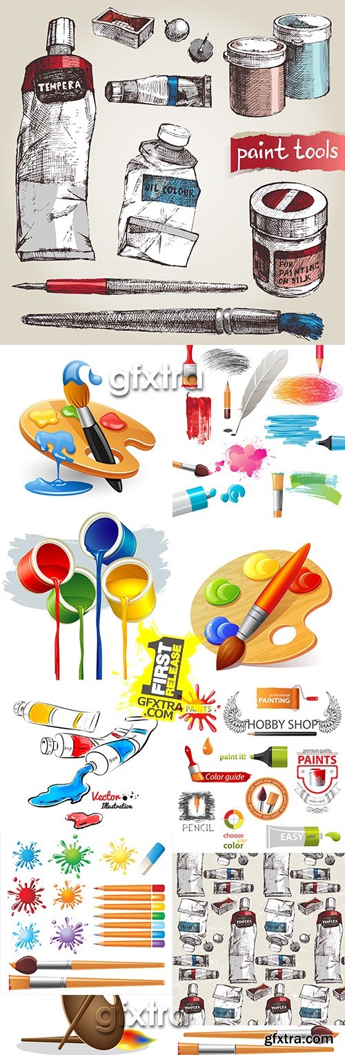 Paints, brushes and pencils Artist collection illustration