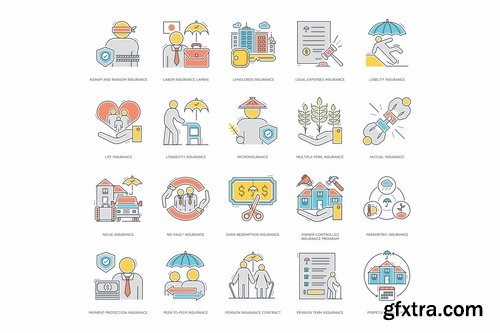 100 Insurance Color Line Icons