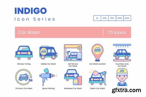 70 Car Wash Icons  Indigo Series