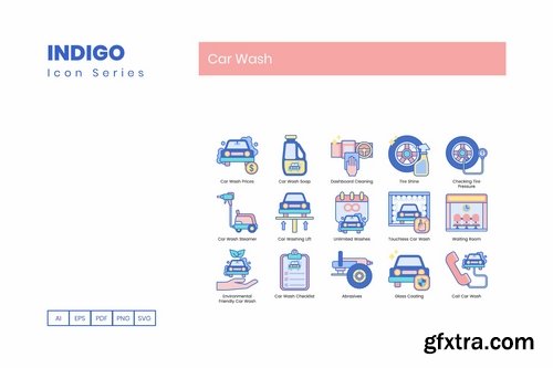 70 Car Wash Icons  Indigo Series