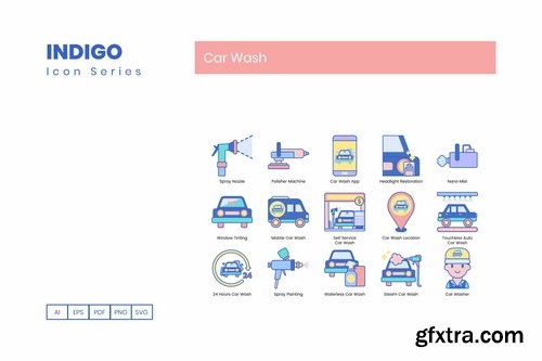 70 Car Wash Icons  Indigo Series