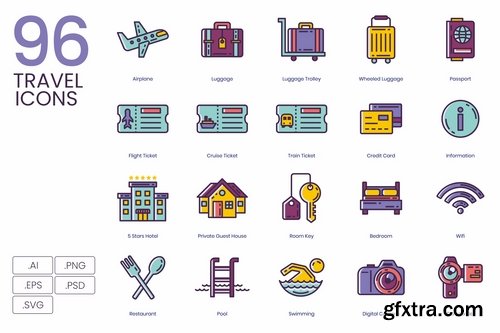 96 Travel Icons Lilac Series