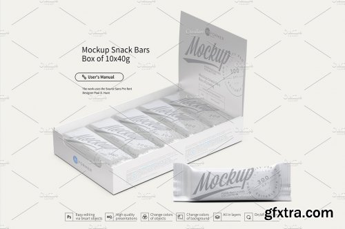 CreativeMarket - Mockup Snack Bars Box of 10x40g 2597570