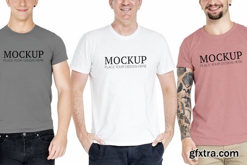 Three men standing together t-shirt mockup