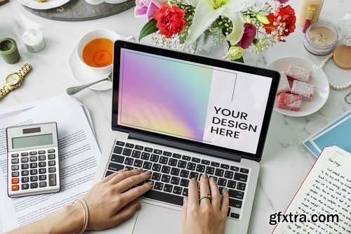 Woman using mockup computer laptop