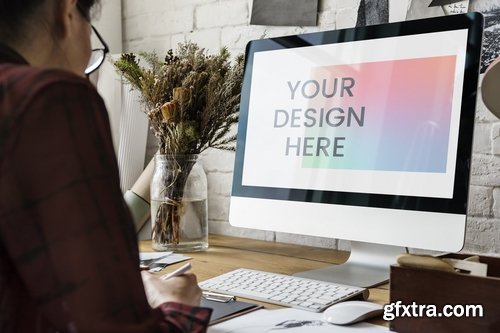 Woman working on computer mockup