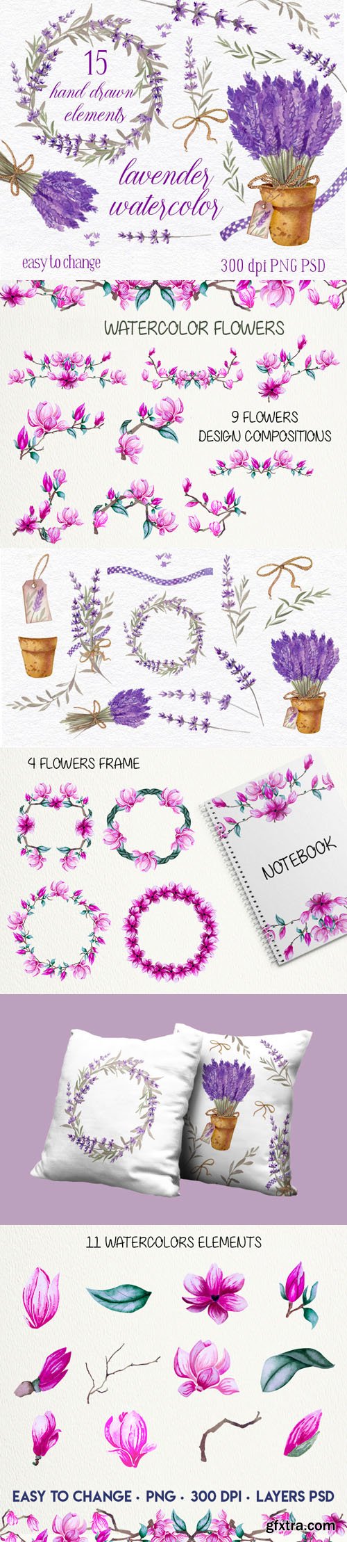 Lavender & Magnolia Watercolor Elements Collection