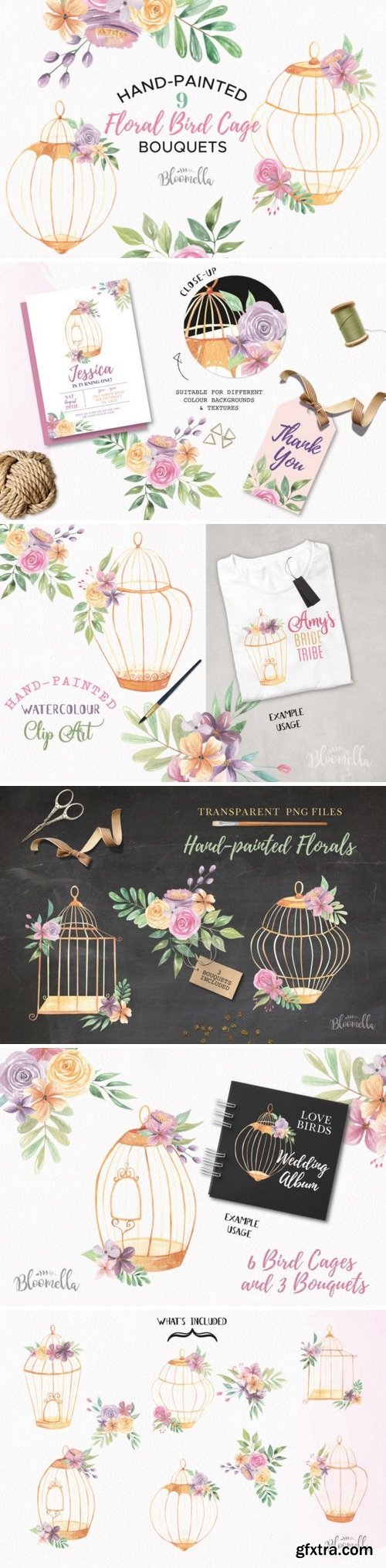 Watercolor Birdcage Florals Clipart