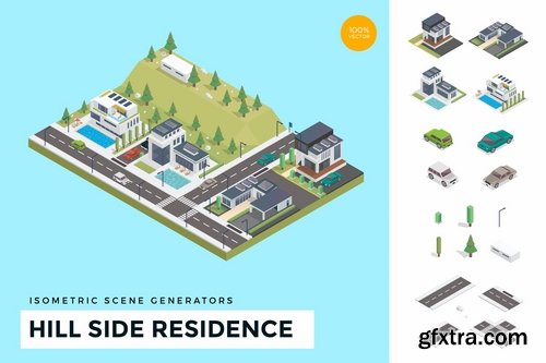 20 Isometric Hill Side Residence Vector Scene