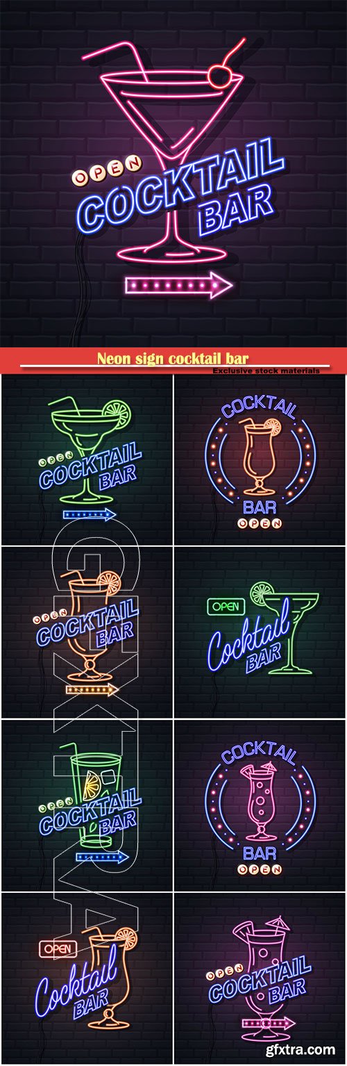 Neon sign cocktail bar on brick wall background