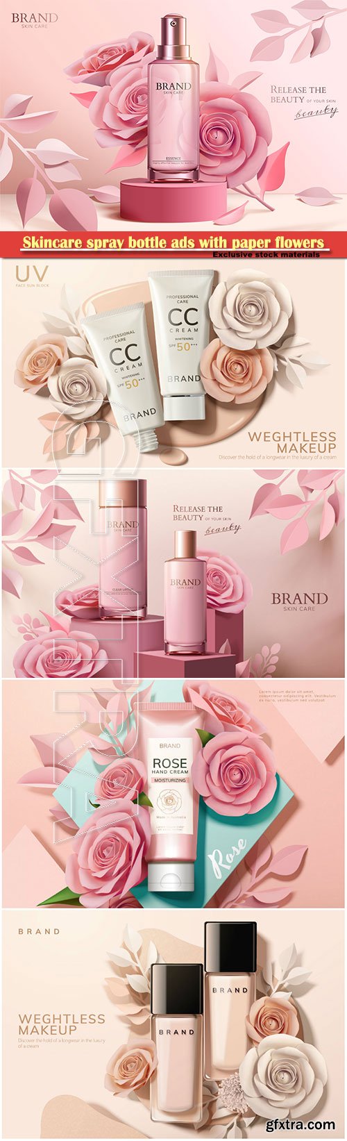 Skincare spray bottle ads with paper flowers, 3d illustration