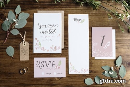 Flatlay floral wedding invitation mockup