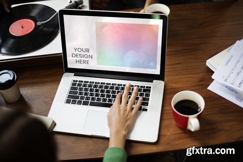 Woman working on laptop mockup