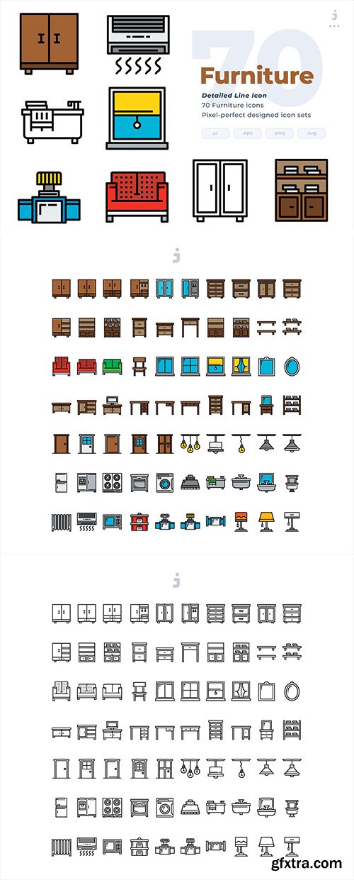 70 Furniture Icons - Detailed Line Icon