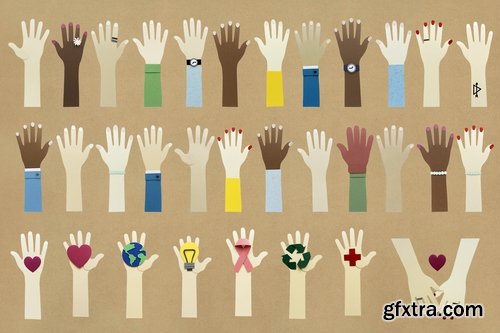 Paper craft of diverse icon hands mockup