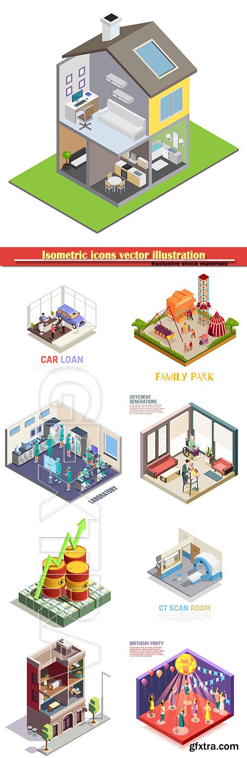 Isometric icons vector illustration, banner design template # 15