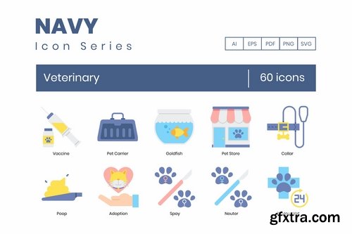 60 Veterinary Icons Navy Series