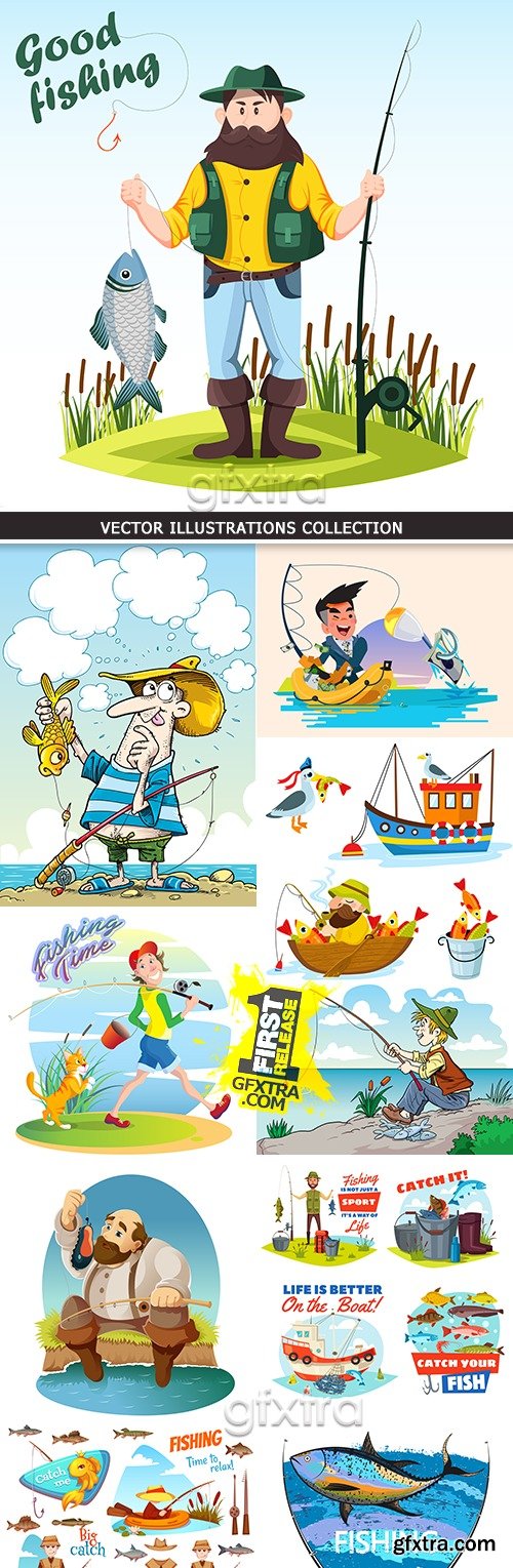 Fishing cartoon outdoors characters vector illustration