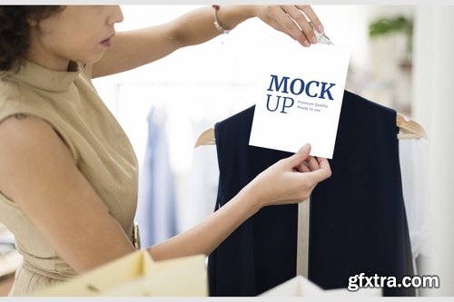 Woman shopping for clothes Mockup sale sign