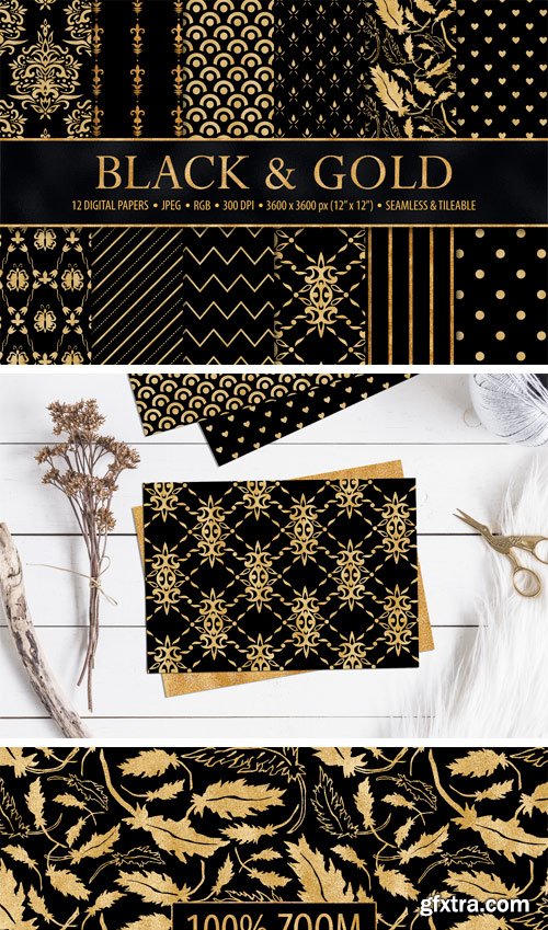 Designbundles - Black and Gold Seamless Papers 228877