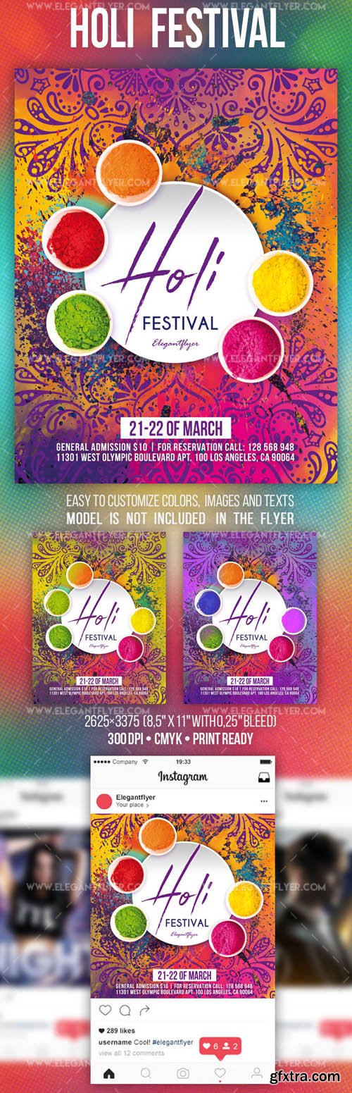 Holi Festival V4 2019 PSD Flyer Template + Facebook Cover + Instagram Post