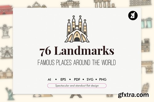 76 Famous landmarks elements in line color design