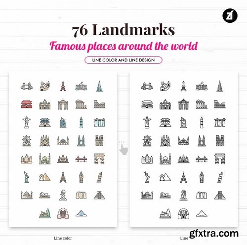 76 Famous landmarks elements in line color design