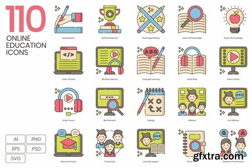 110 Online Education Icons Hazel Series