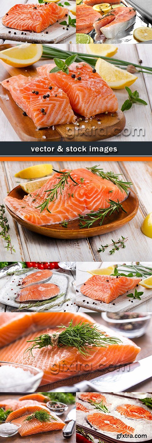 Salmon stake and fresh pieces with lemon and pepper