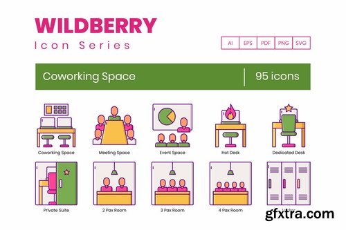 95 Coworking Space Icons Wildberry Series