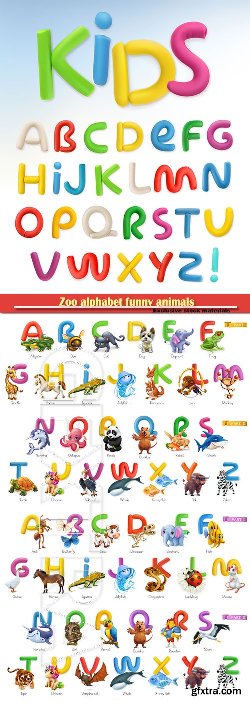 Zoo alphabet funny animals, 3d vector icons set