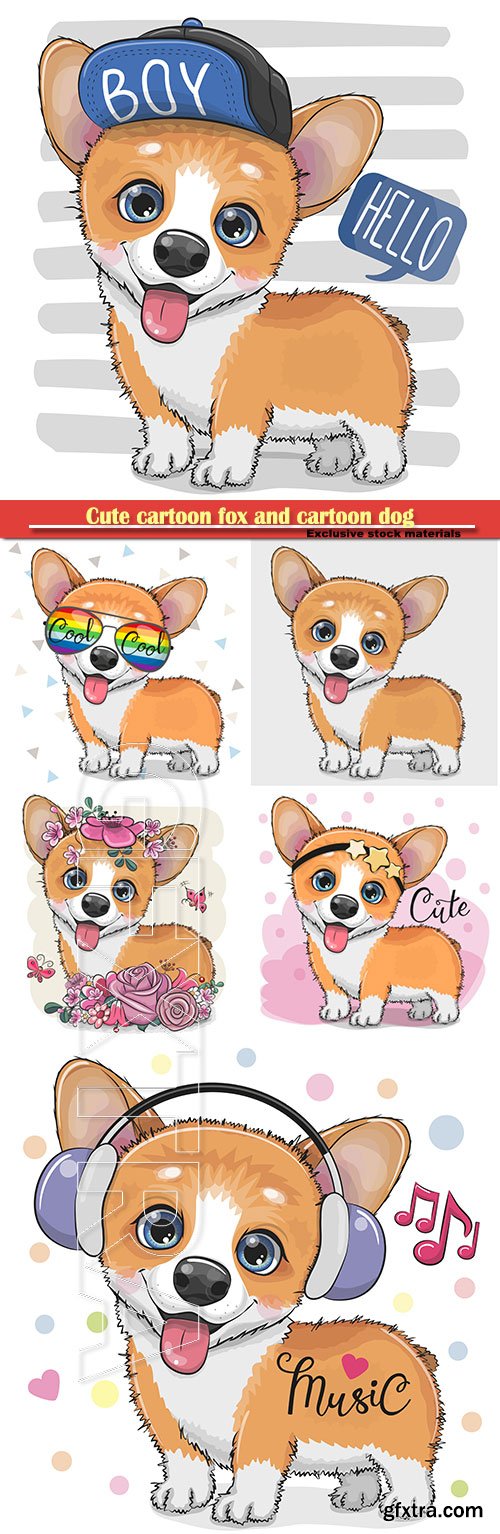 Cute cartoon fox and cartoon dog in vector illustration » GFxtra