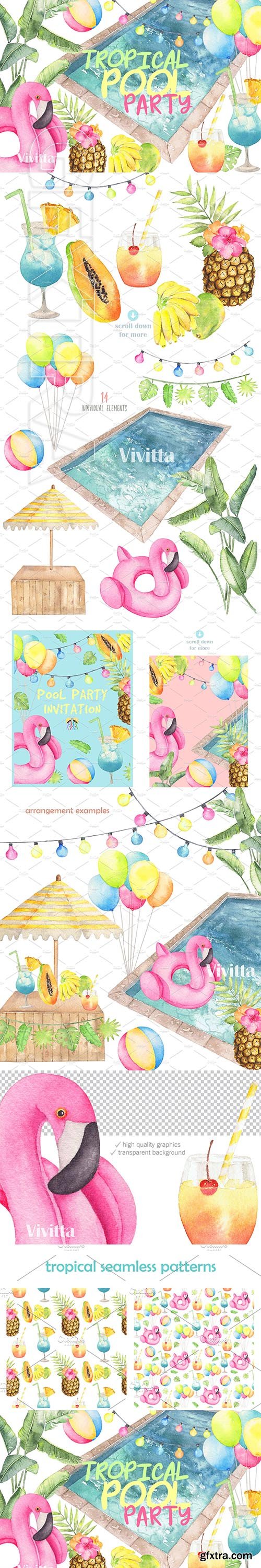 CreativeMarket - Tropical Pool Party Watercolor set 2624564