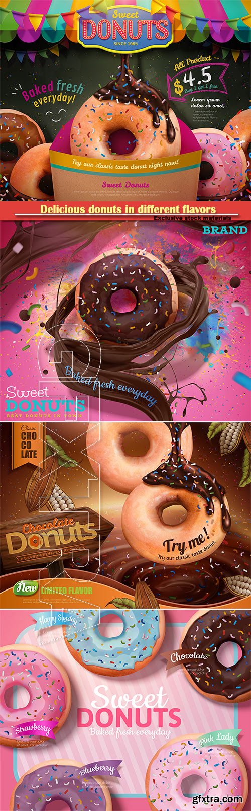 Delicious donuts in different flavors in 3d vector illustration