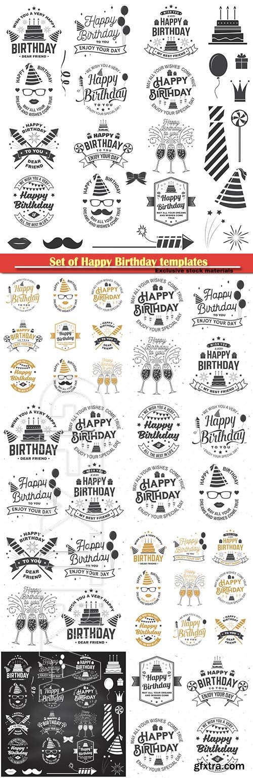 Set of Happy Birthday templates for overlay, badge, sticker