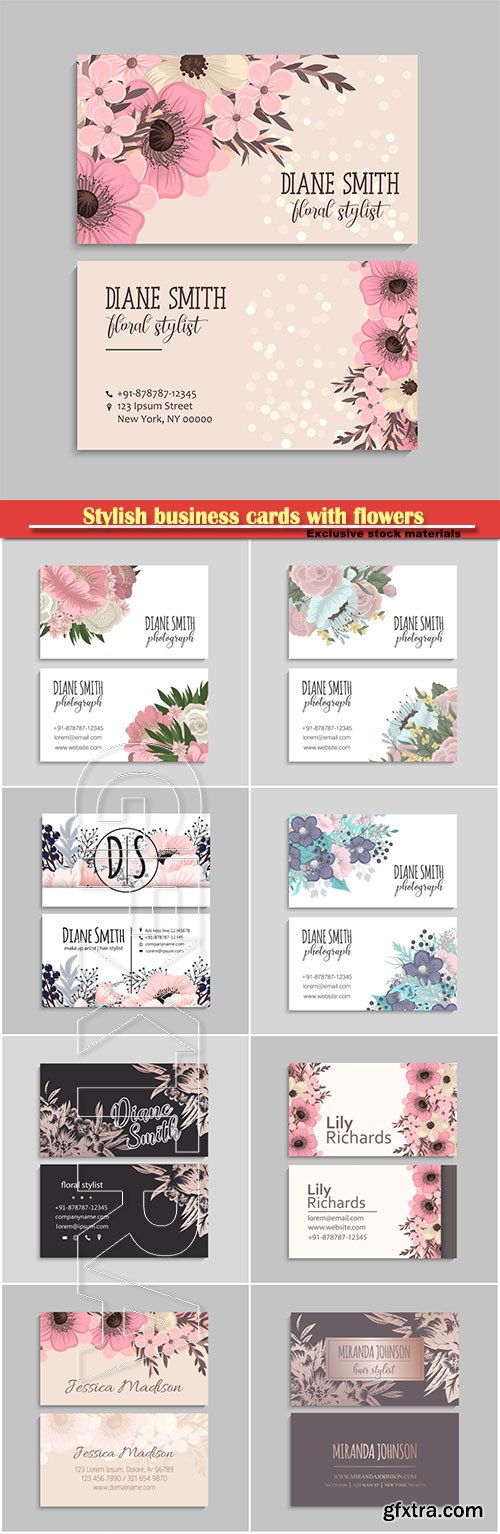 Stylish business cards with flowers in vector illustration