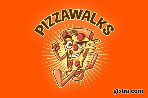 Cartoon Walking Pizza Mascot Logo